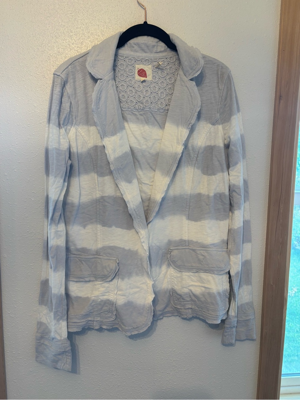 Anthropologie Cream and Light Gray Striped Cardigan Blazer
